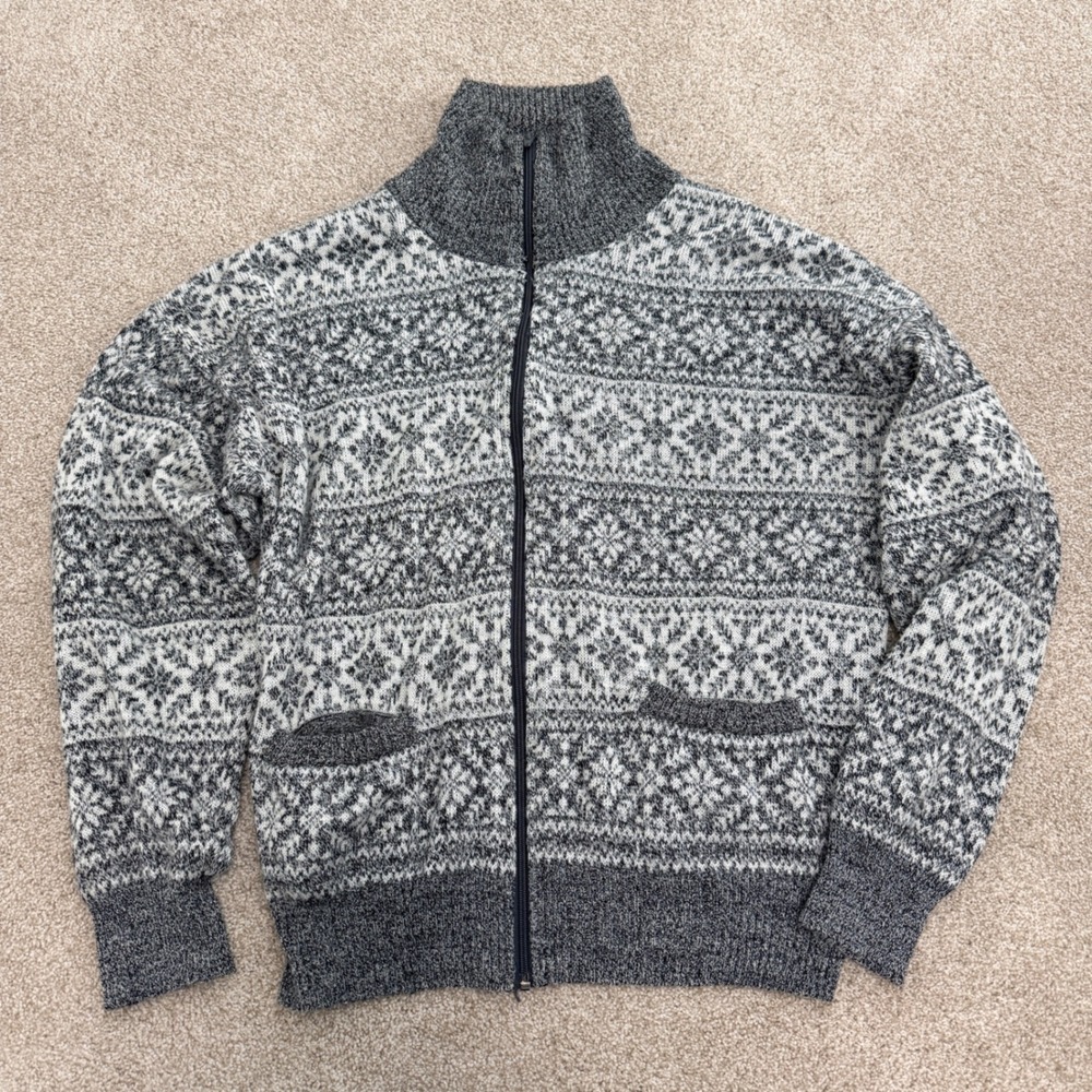 Rob Winter Full Zip Sweater Mens XXL Gray Fair Isle Snowflake Nordic Mock Neck
